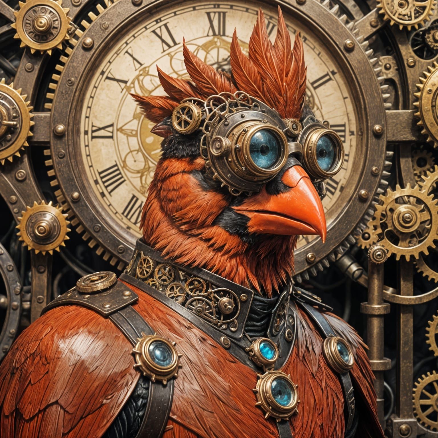 A Victorian-Style Cardinal in Steampunk Attire Takes Flight