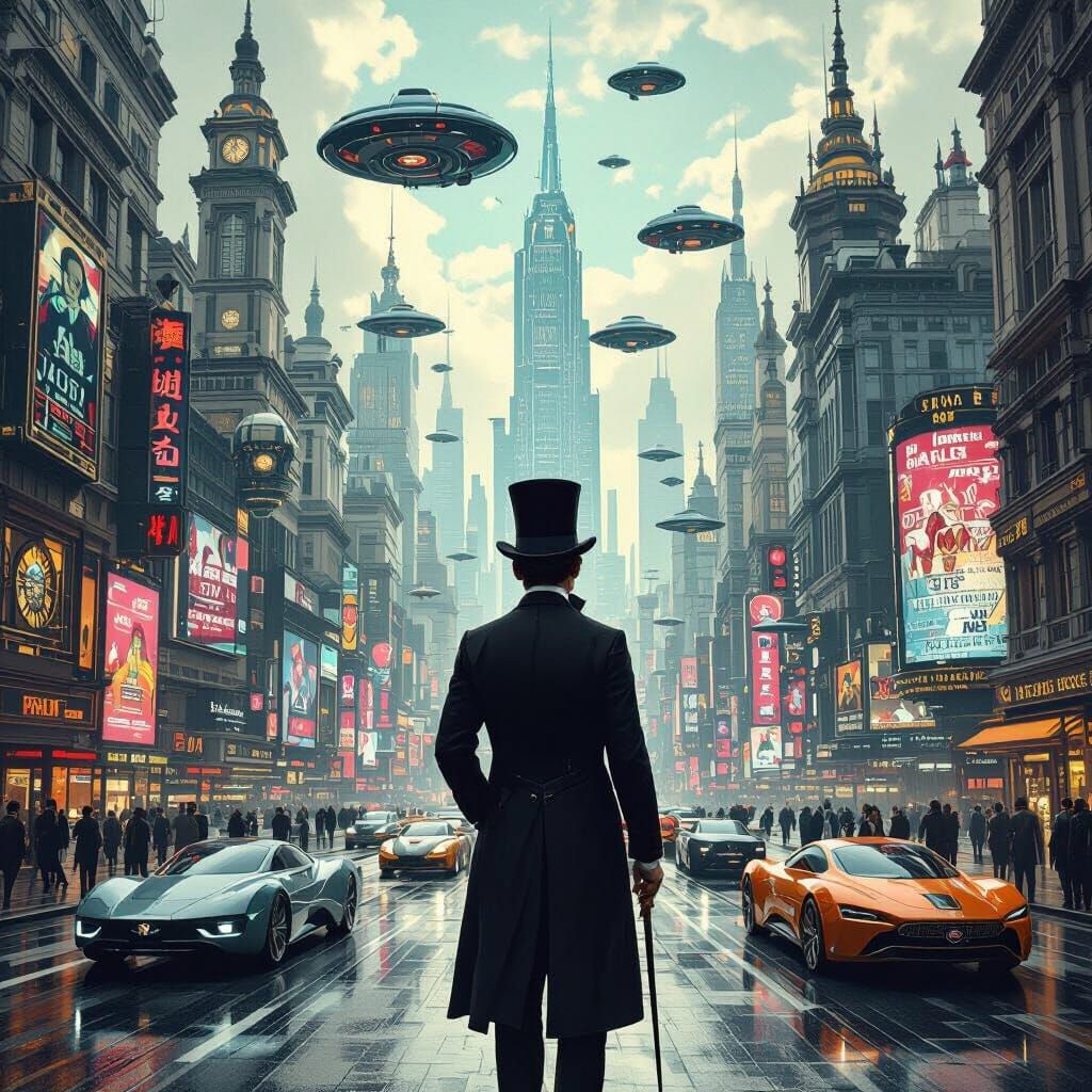 Victorian Gentleman in a Futuristic Metropolis with Steampun...
