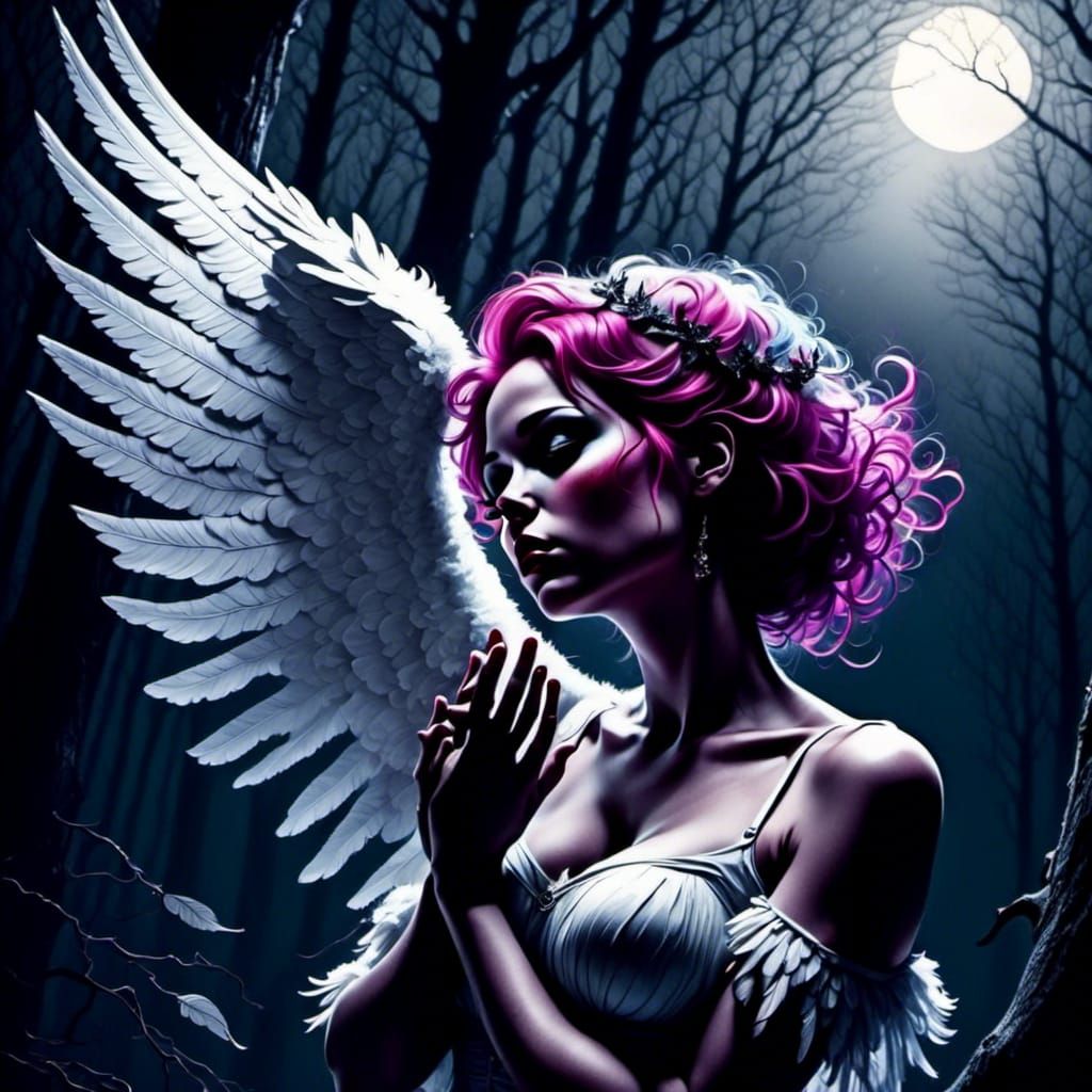 Angelic Touch in Misty Forest: Dark Fantasy Art