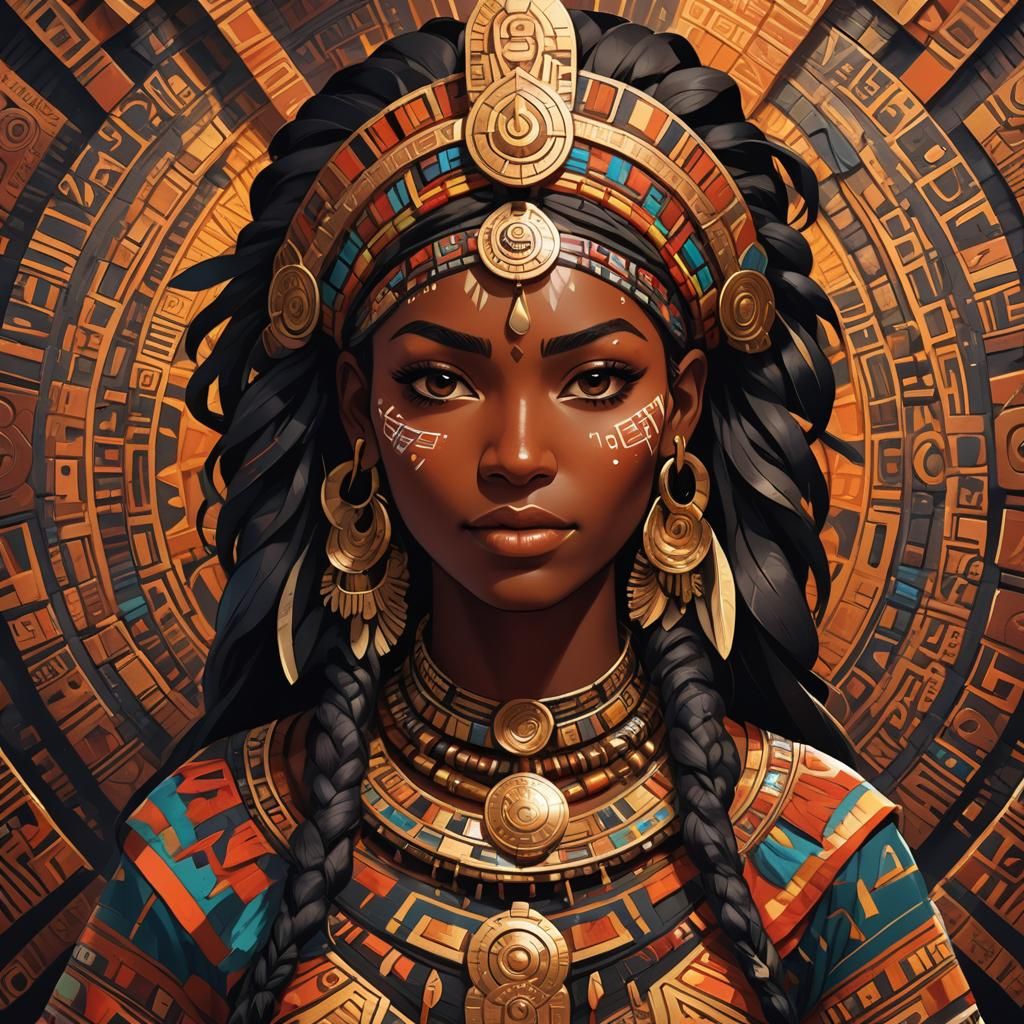 Aztec and Maya Inspired Anime Woman Portrait