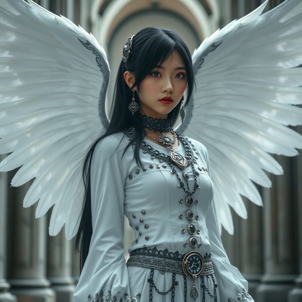 Ethereal Asian Girl Portrait with Angelic Wings