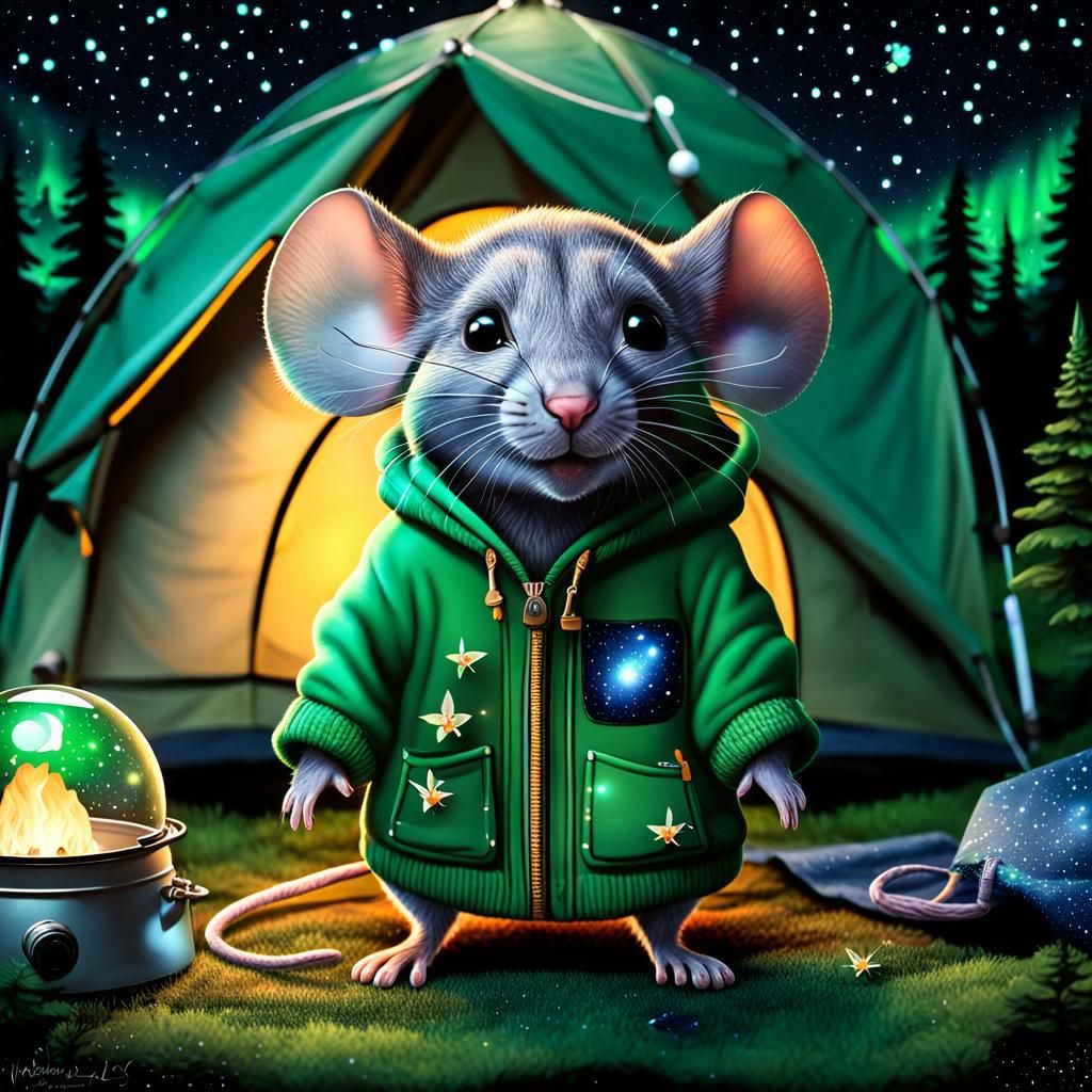 Hyperrealistic Chibi Mouse Camping Under the Stars