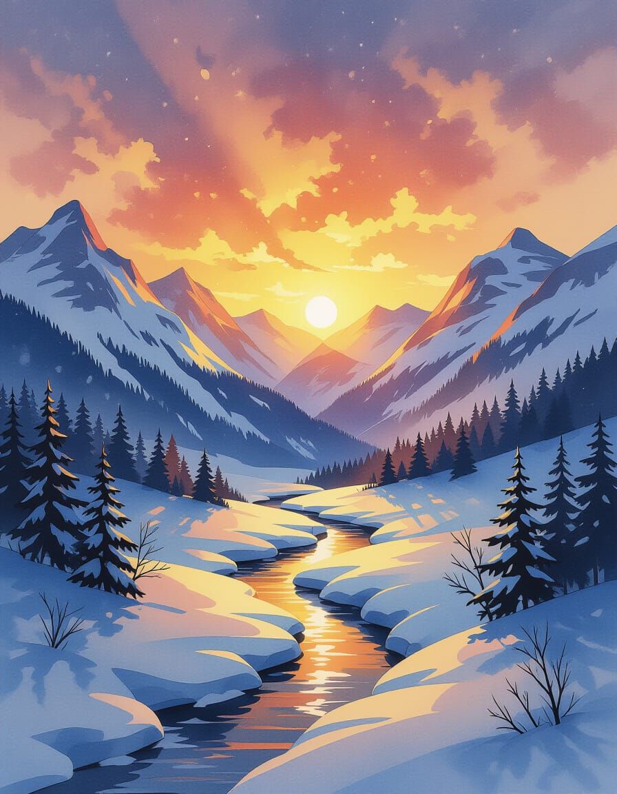 Dreamy Sunrise Over Snowy Mountains with River