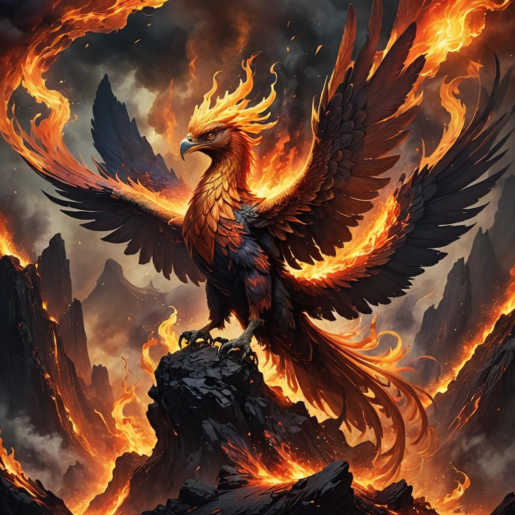 Phoenix Rising from Volcano in Fantasy Art