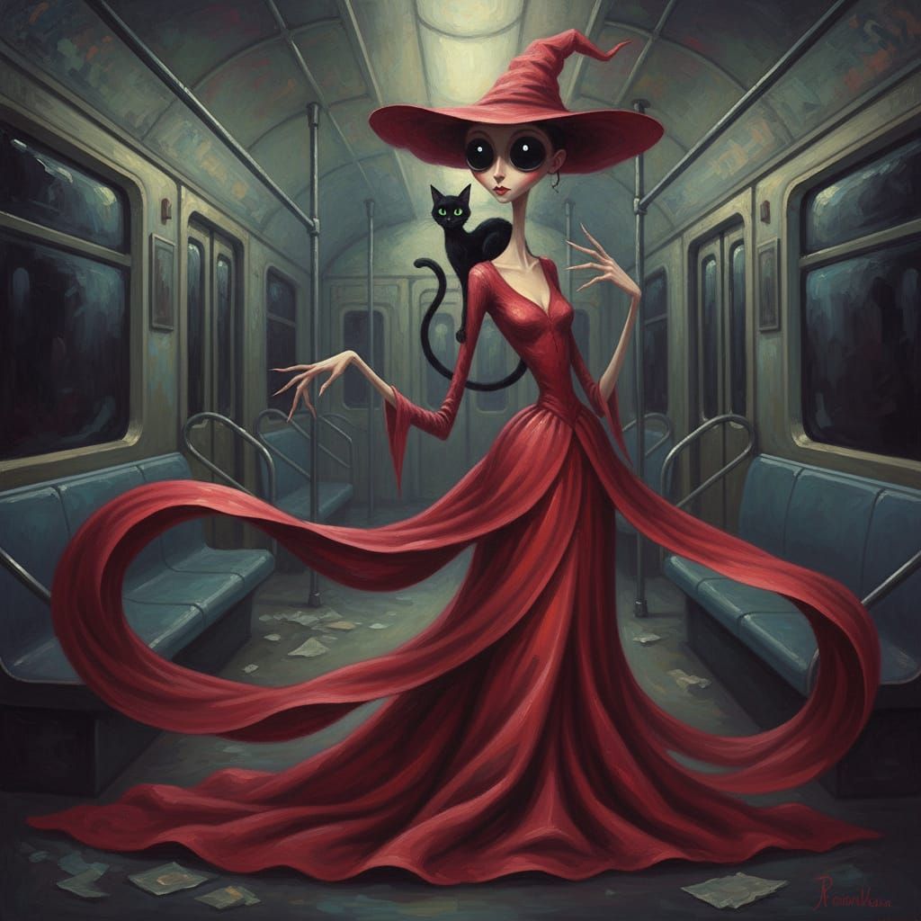 Crimson Witch in Dim Subway Car, Surreal Painting
