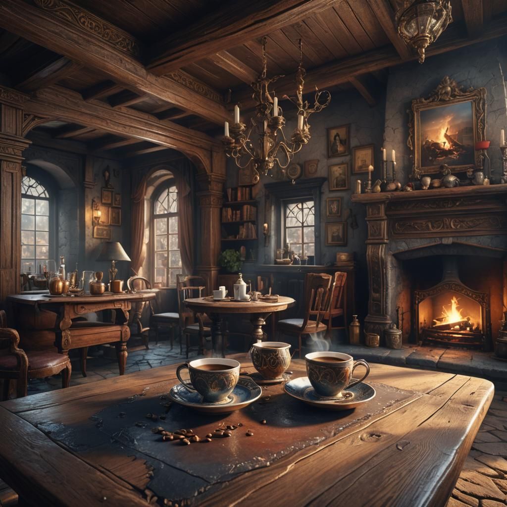 Coffee Cup by Fireplace: Matte Painting