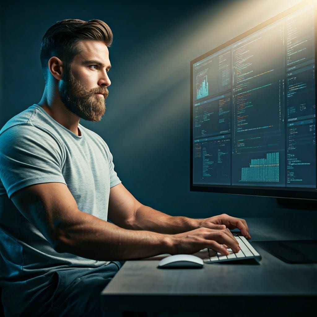Strong Jawline Man Typing on Computer in Ethereal Light
