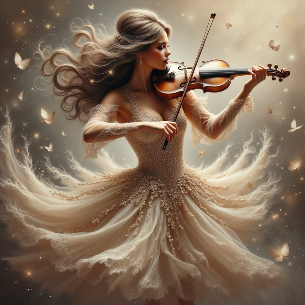 Woman Playing Violin with Magical Dandelion and Water Effect...
