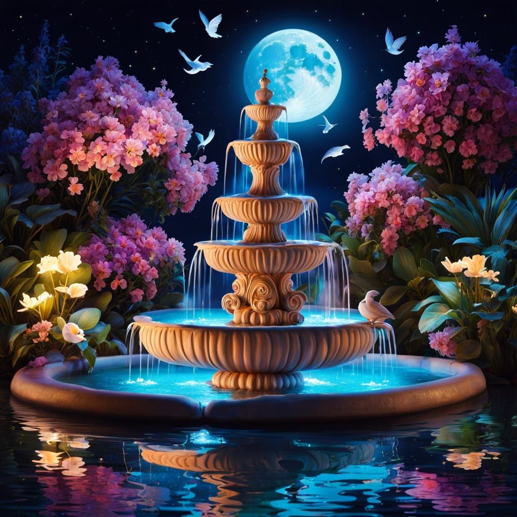 Illuminated Whimsical Fountain at Night: Neon Light Painting