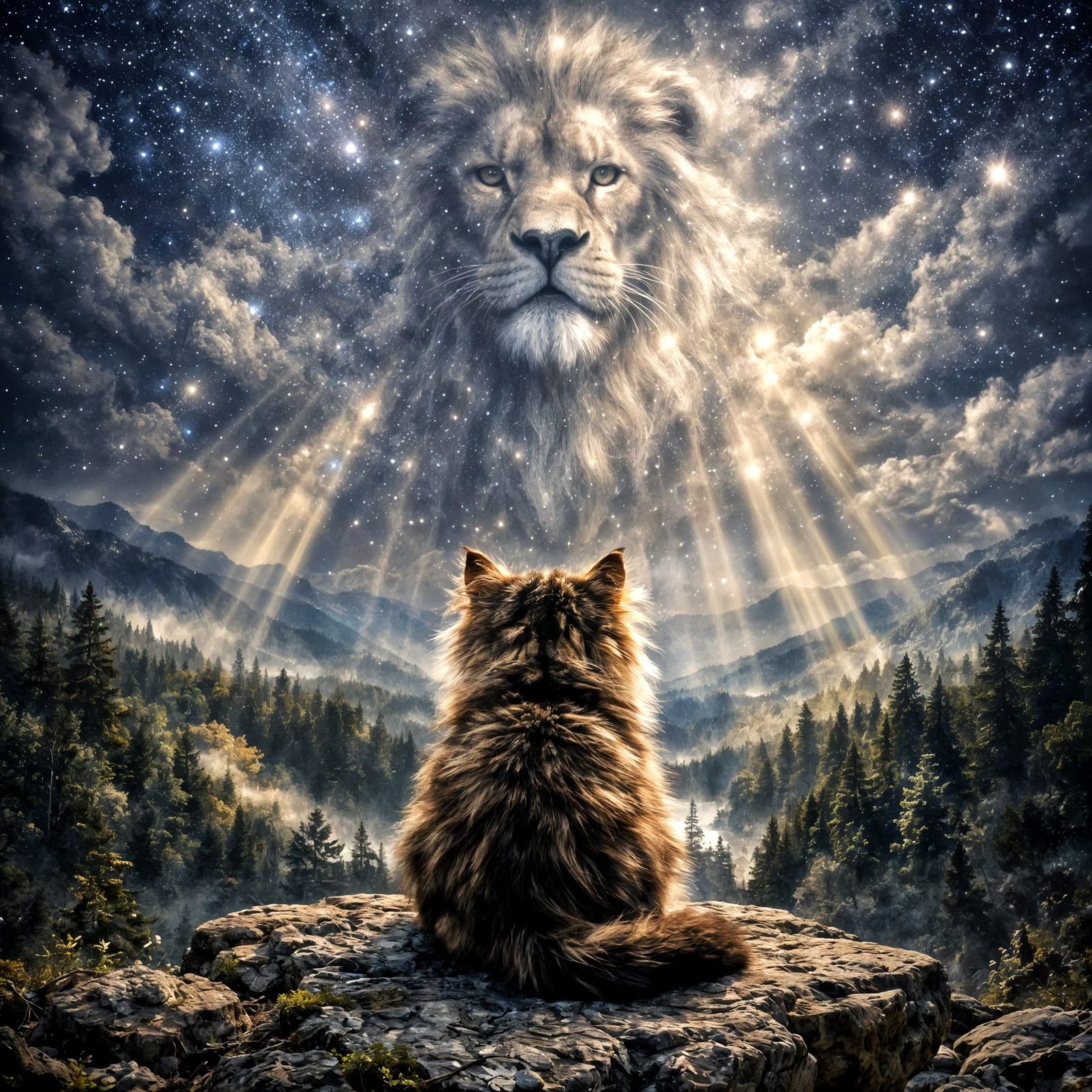 Surreal Kitten Gazes at Celestial Lion Spirit