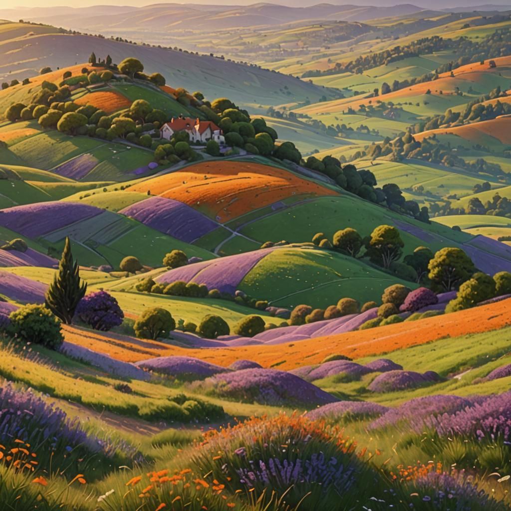 Pointillist Rolling Hills Landscape in Sunlight