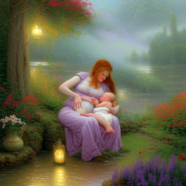 Mother Nursing Baby in Ethereal Oil Painting Style