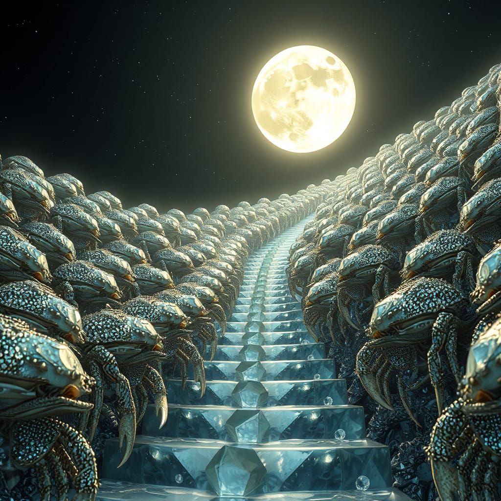 Diamond Crabs Ascend to a Glowing Moon in Ethereal Surrealis...