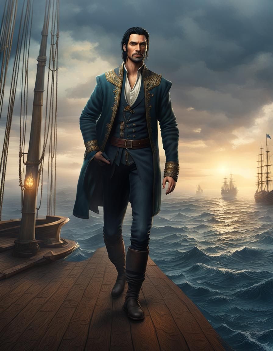 Portrait of Smiling Man with Ship: Fantasy Concept Art
