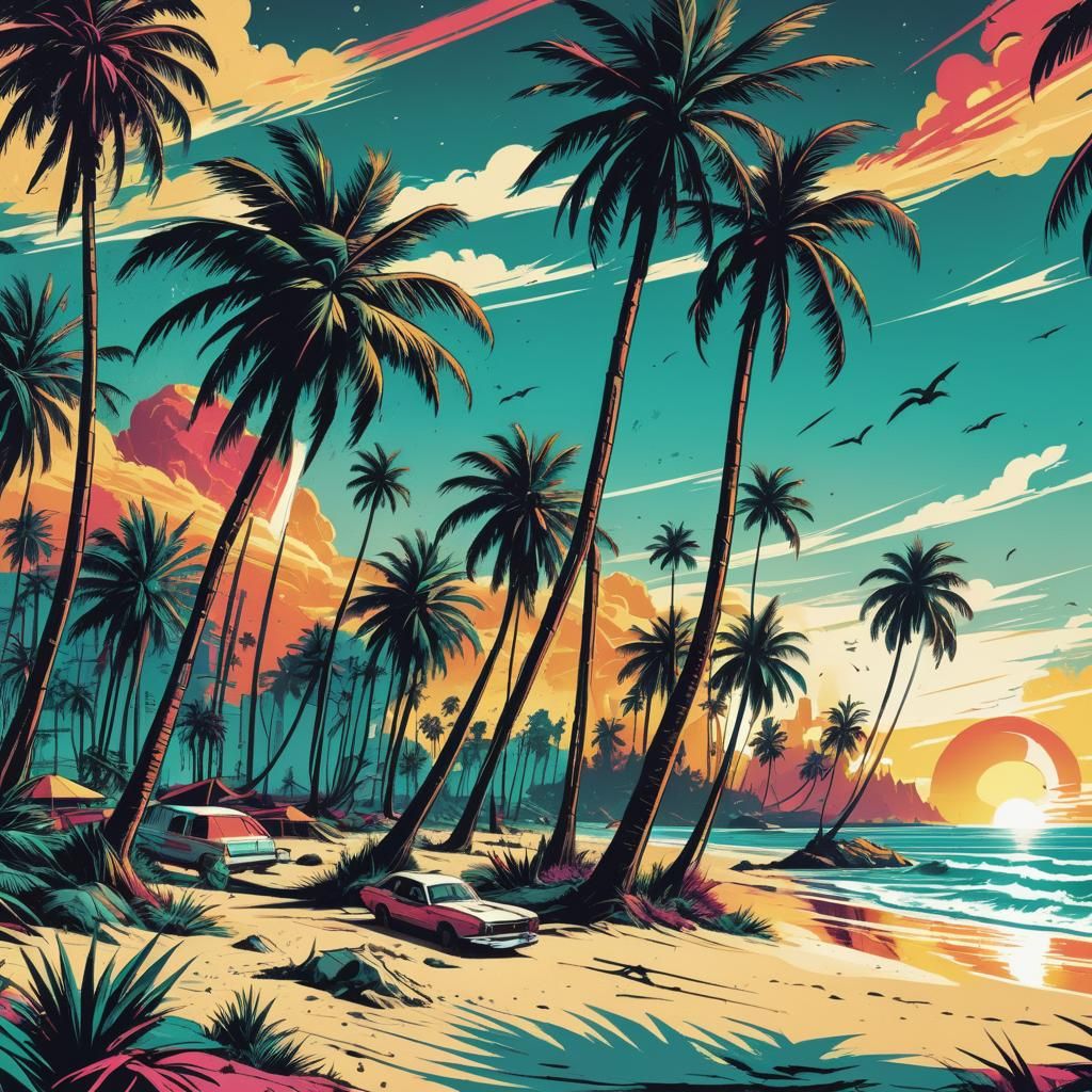 Retro Comic Book Palm Trees on a Beach