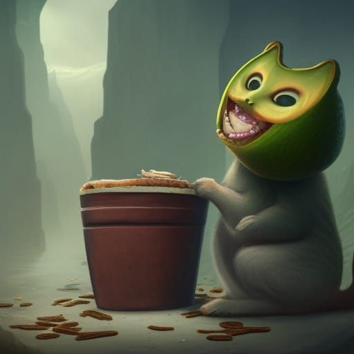 Avocado Cat in Trashcan: Detailed Digital Art