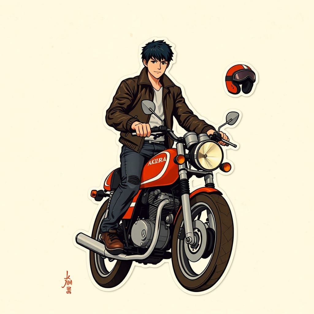 Akira in Retro Cartoon Style with Bike and Accessories