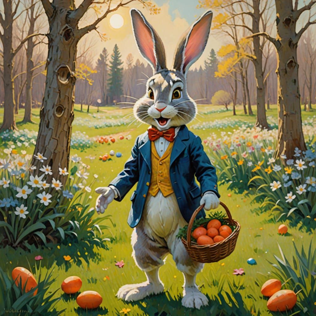 Bugs Bunny as Easter Bunny in Whimsical Impressionist Oil Pa...