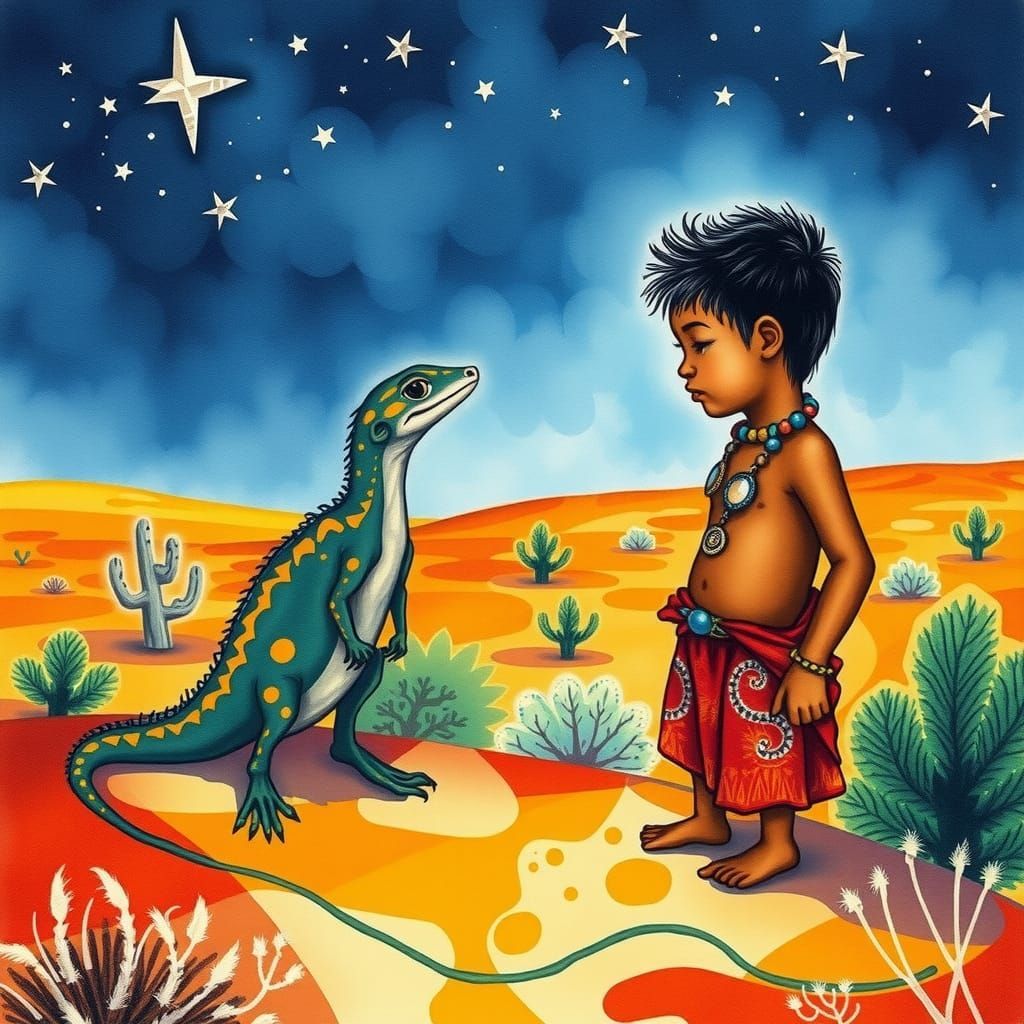 Aboriginal Boy and Goanna in Desert Watercolor