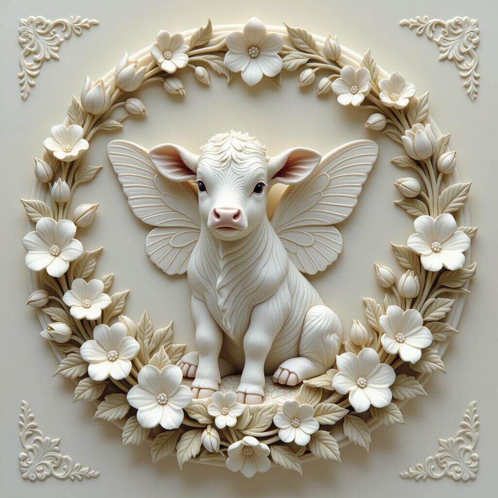 Winged Calf Bas-Relief Sculpture in Cottagecore Style