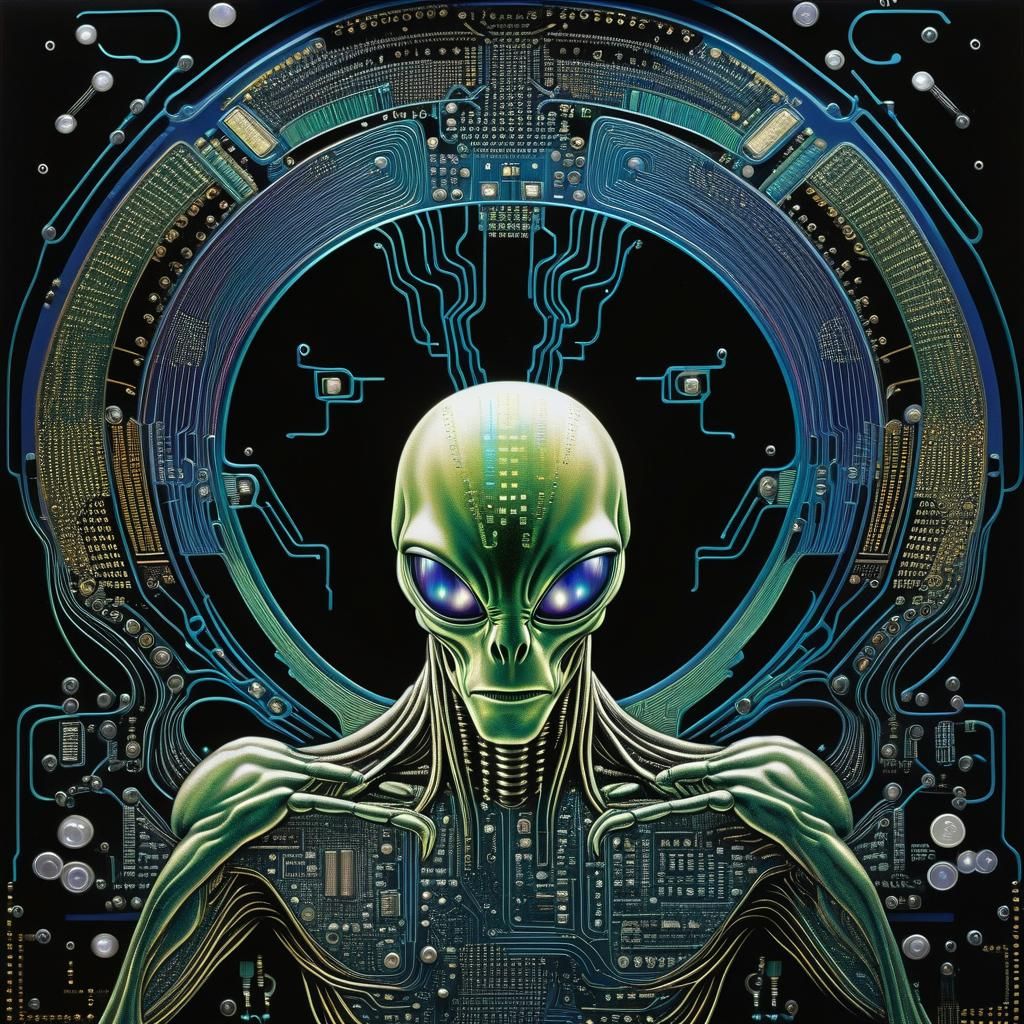 Digital Alien Circuit Board Art in Cyberpunk Style