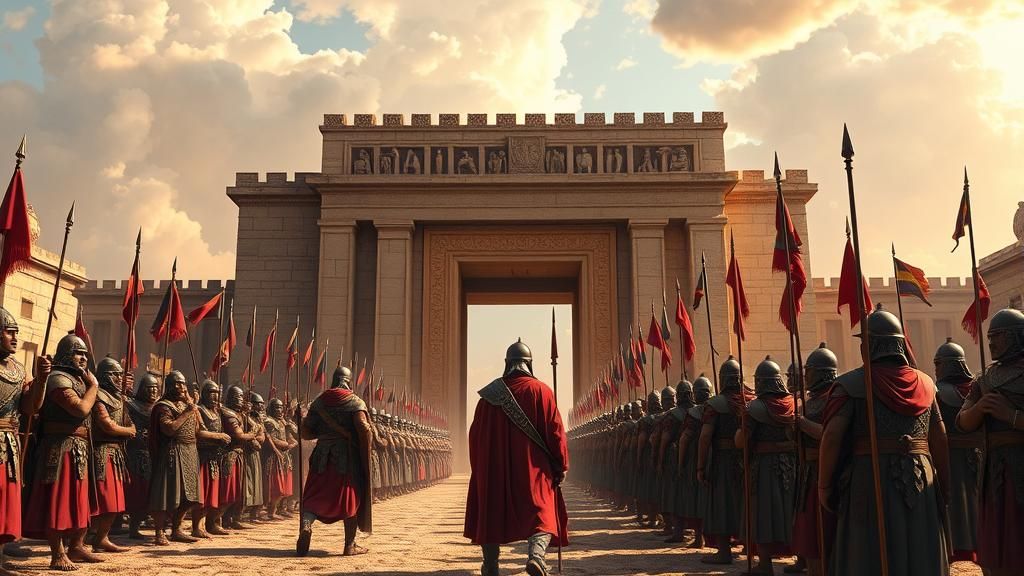 An epic scene with Babylonian soldiers in front of the Ishta...