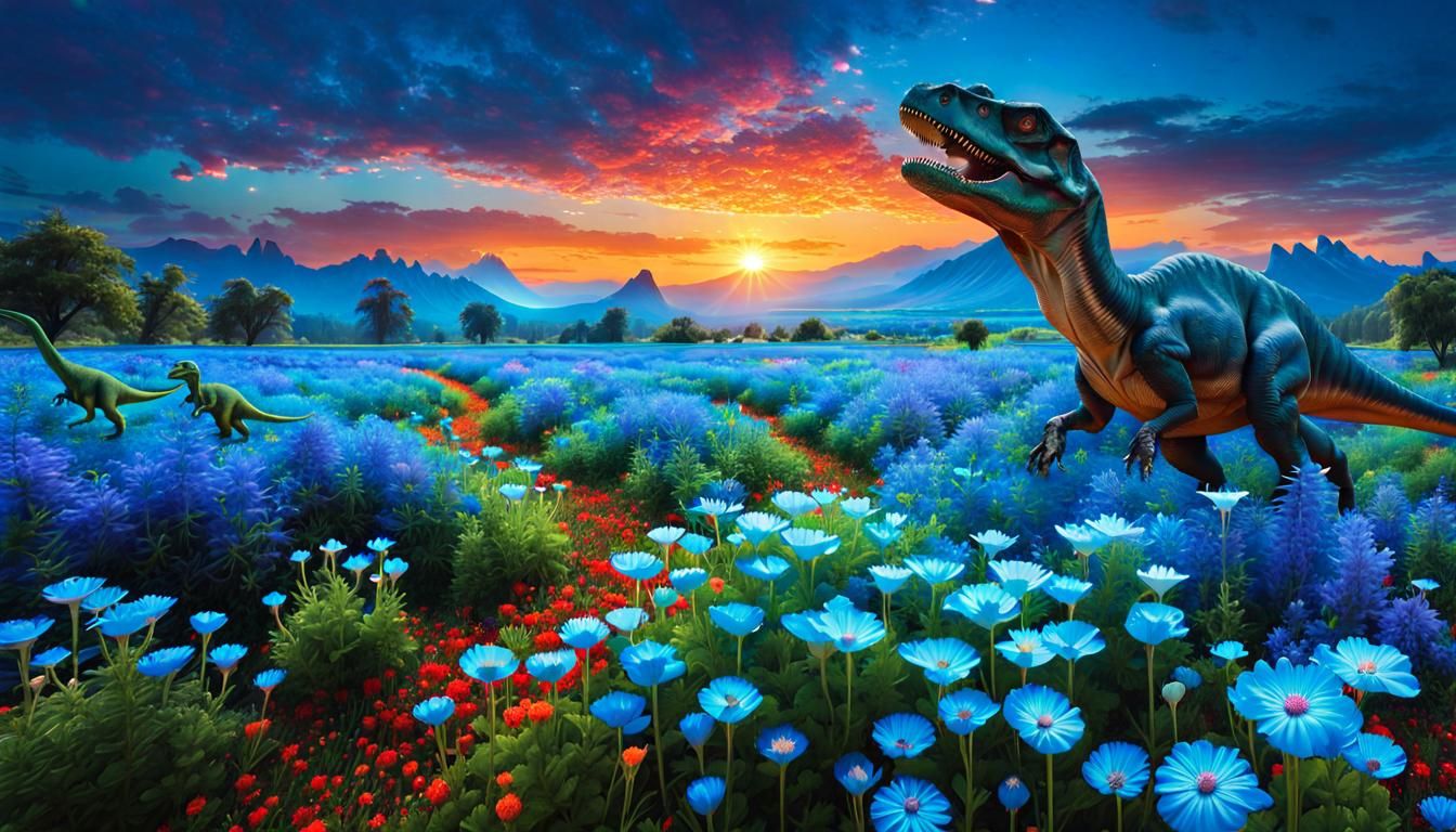 Dinosaur in Bioluminescent Wildflower Field Under Cosmic Sky