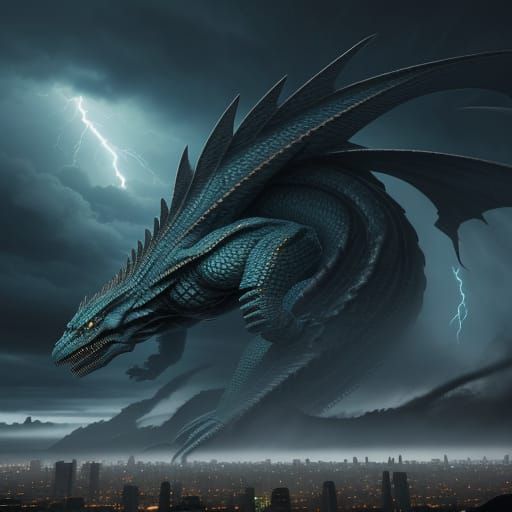Giant Kaiju Unleashes Cyclone Fury on a Distant Cityscape