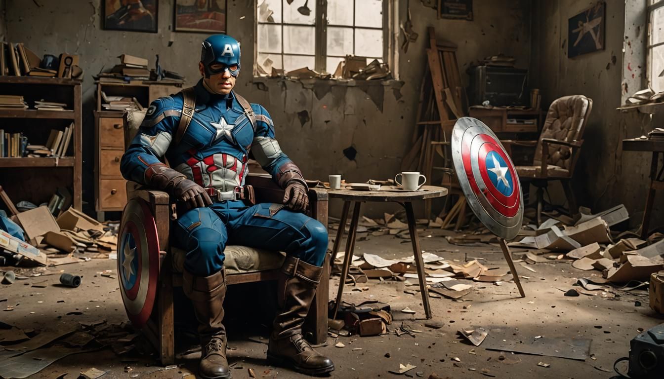 Desperate Captain America in Empty Room: Comic Book Art