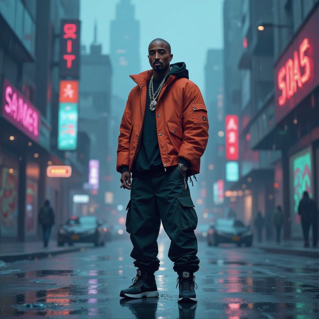 Tupac Shakur in Futuristic Cityscape Digital Art