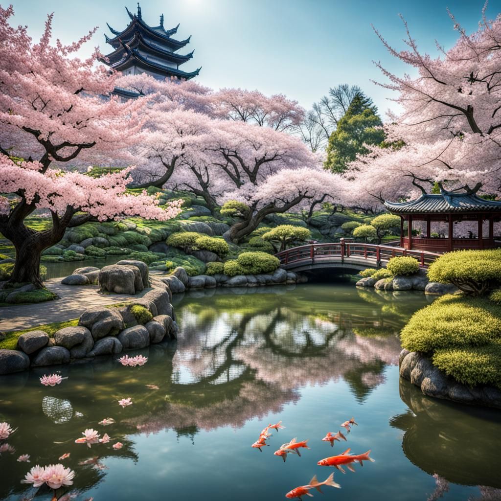 Koi Pond with Cherry Blossoms in Hyperrealism