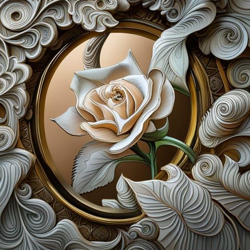 Ornate Victorian Mirror Reflecting a Rose in 3D