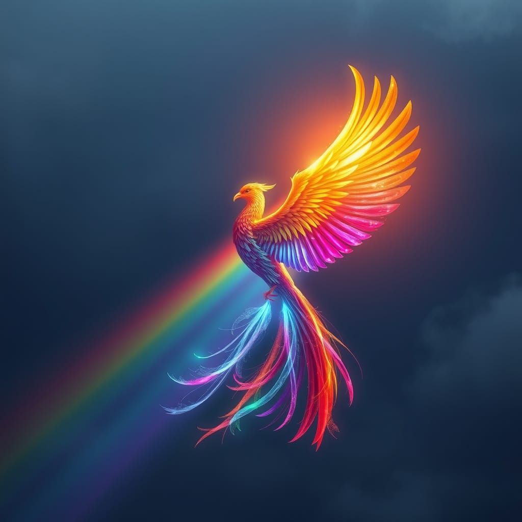 Rainbow Phoenix Ascending in Vibrant Colors