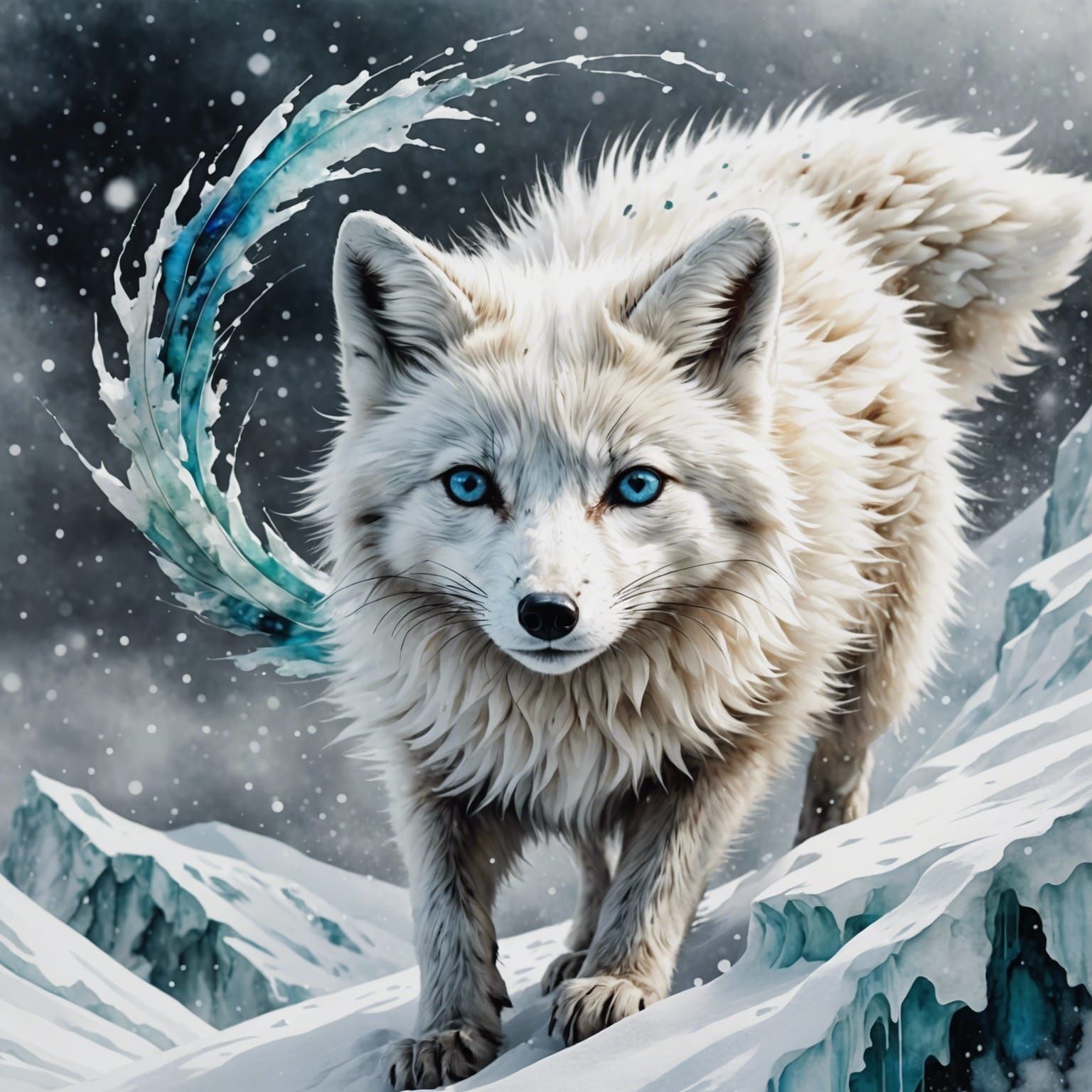 Arctic Fox Diving in Snow, Mixed Media Painting