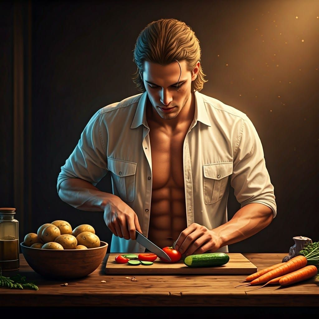 Charming Young Man Preparing a Fresh Salad in a Warm Kitchen