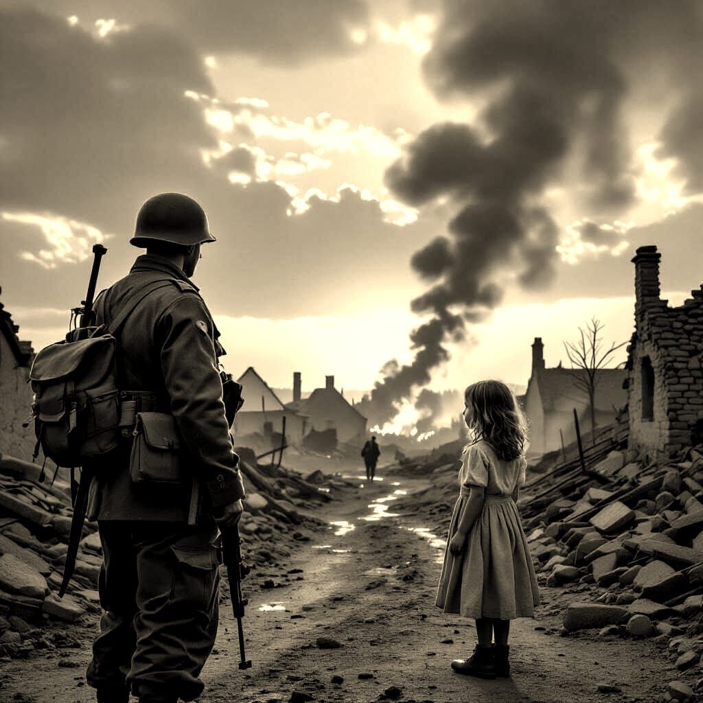 WWII Soldier Views Bombarded Town with Child