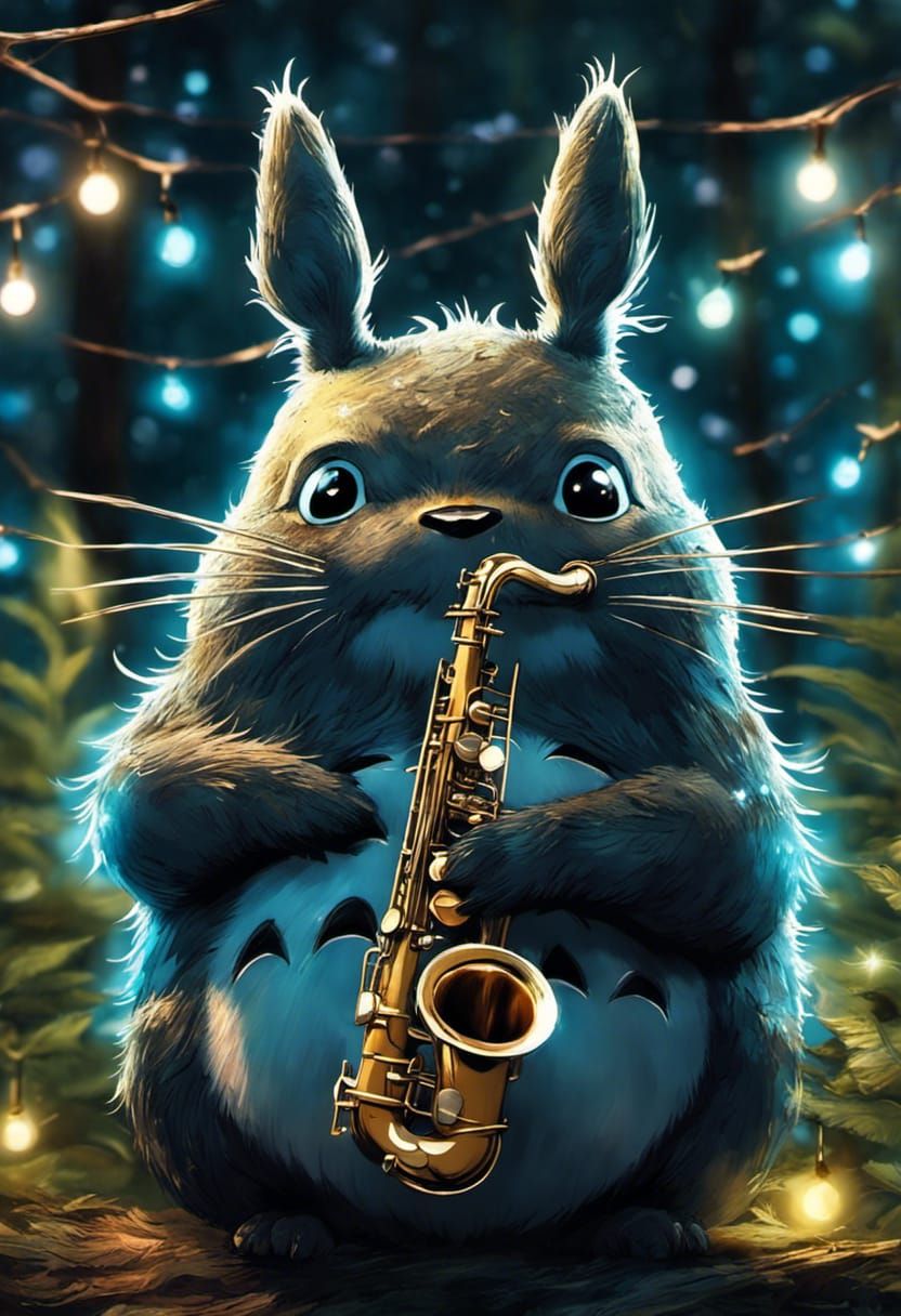 Bioluminescent Chibi Totoro Saxophone Player