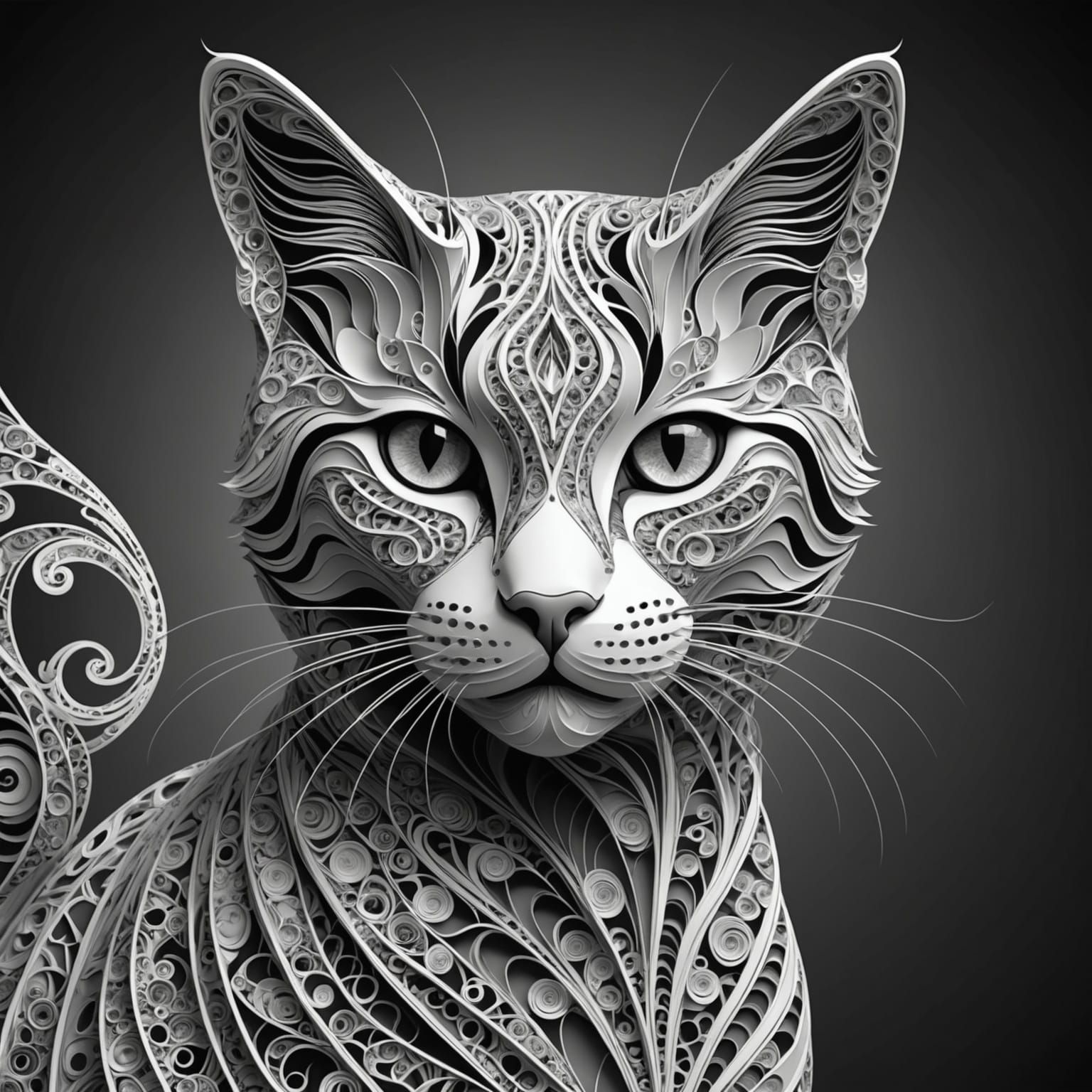 Abstract Fractal Cat with Zentangle and 3D Shading