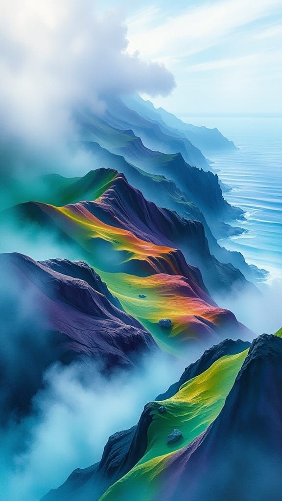 Ethereal Landscape with Undulating Hills and Ocean