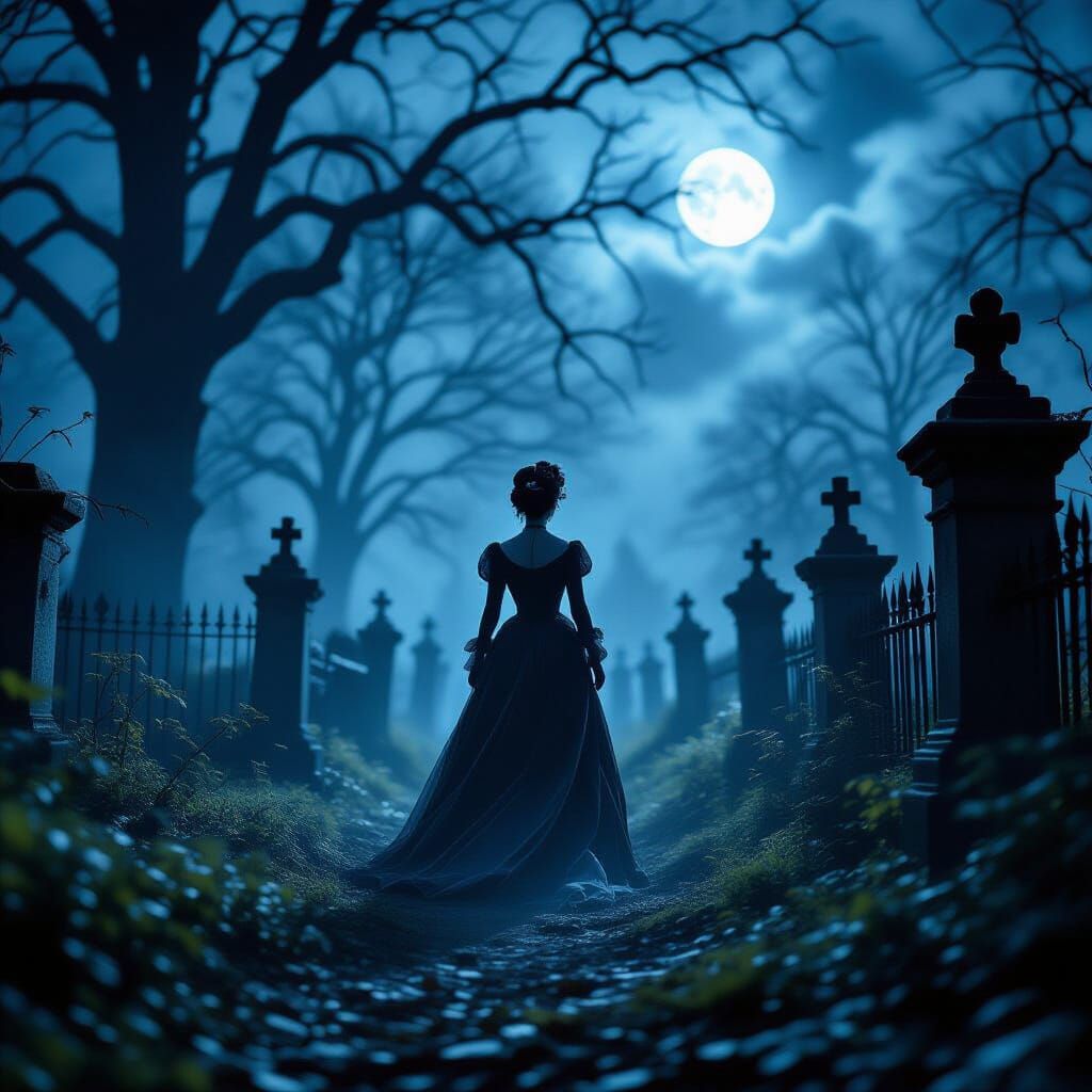 Victorian-era ghost drifts through cemetery at twilight