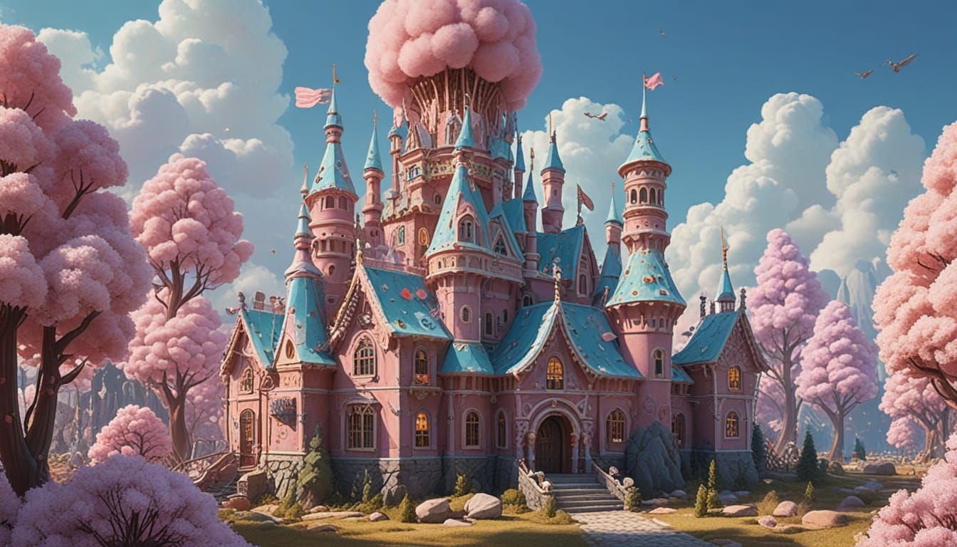 Sugar-Coated Castle in Whimsical Candyland Landscape