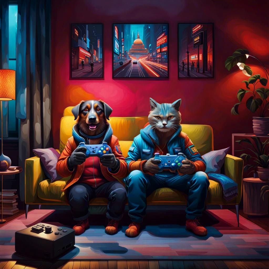 Anthropomorphic Cats Playing Video Games: Maximalist Art