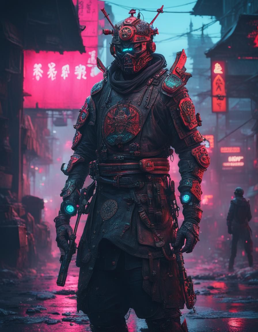Cyberpunk Samurai Cyborg in Luminescent Metallic Colors
