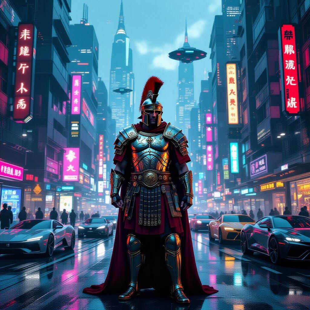 A Roman centurion, clad in gleaming armor, stands bewildered in the middle of a bustling 23rd-century cyberpunk metropol...