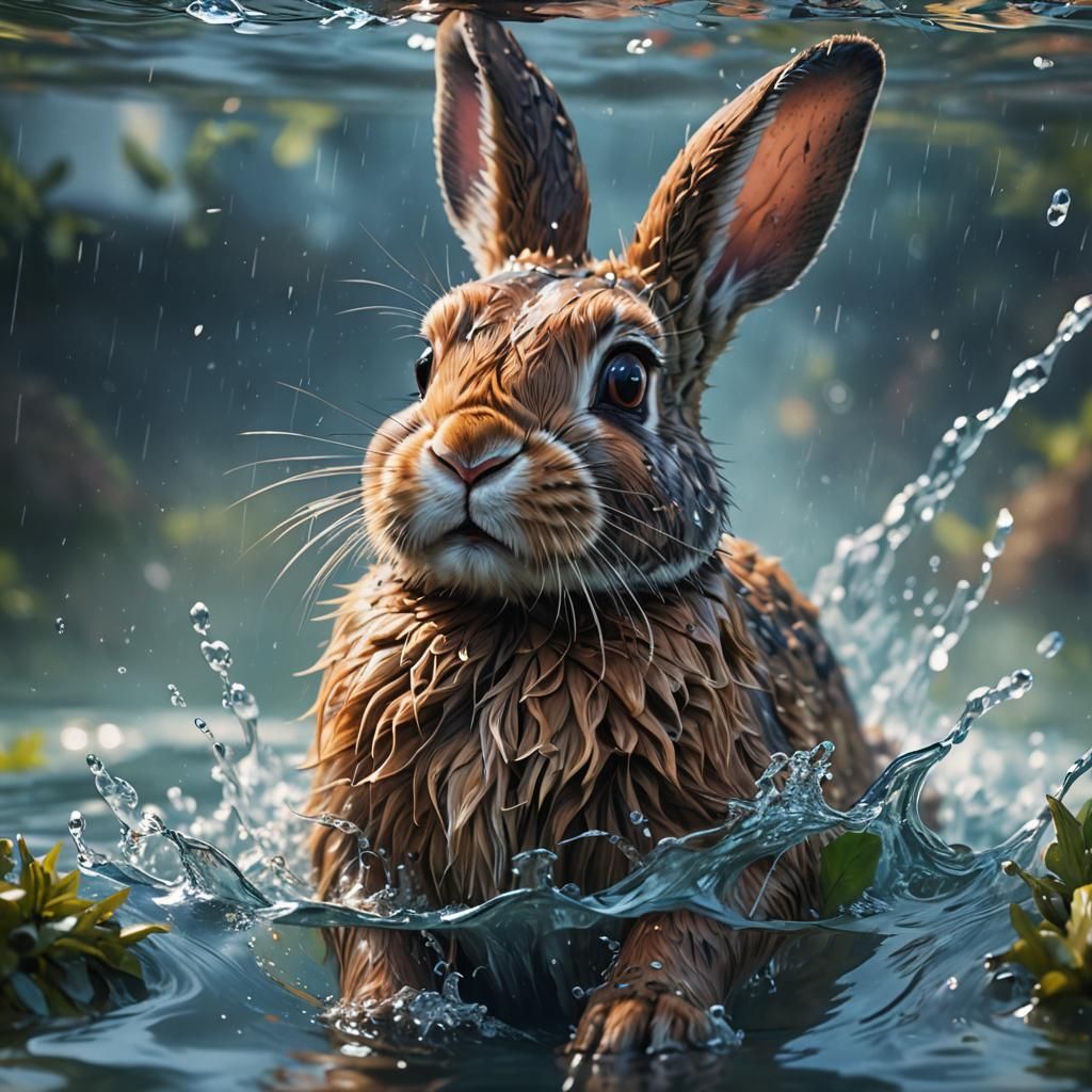 Hyperrealistic Bunny Swimming Digital Art