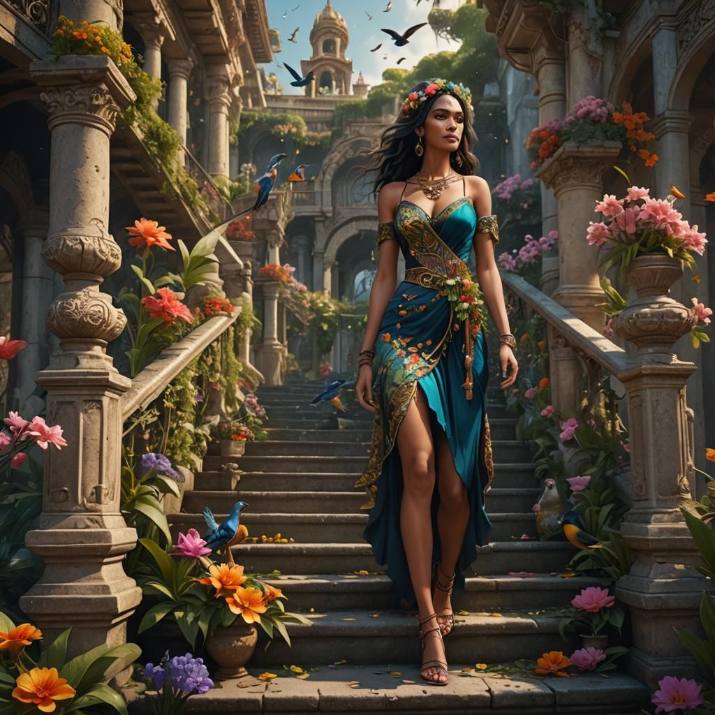 Exotic Woman in Garden with Flowers and Birds