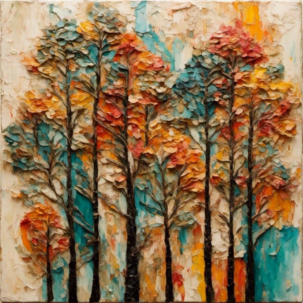 Treehouse Levels Resembling Mushrooms in Encaustic Painting