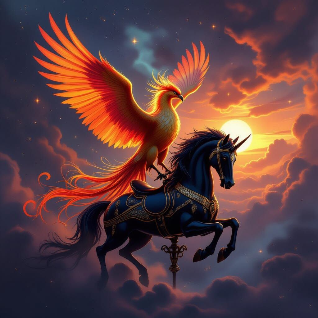 Phoenix on Obsidian Horse in Cosmic Nebula