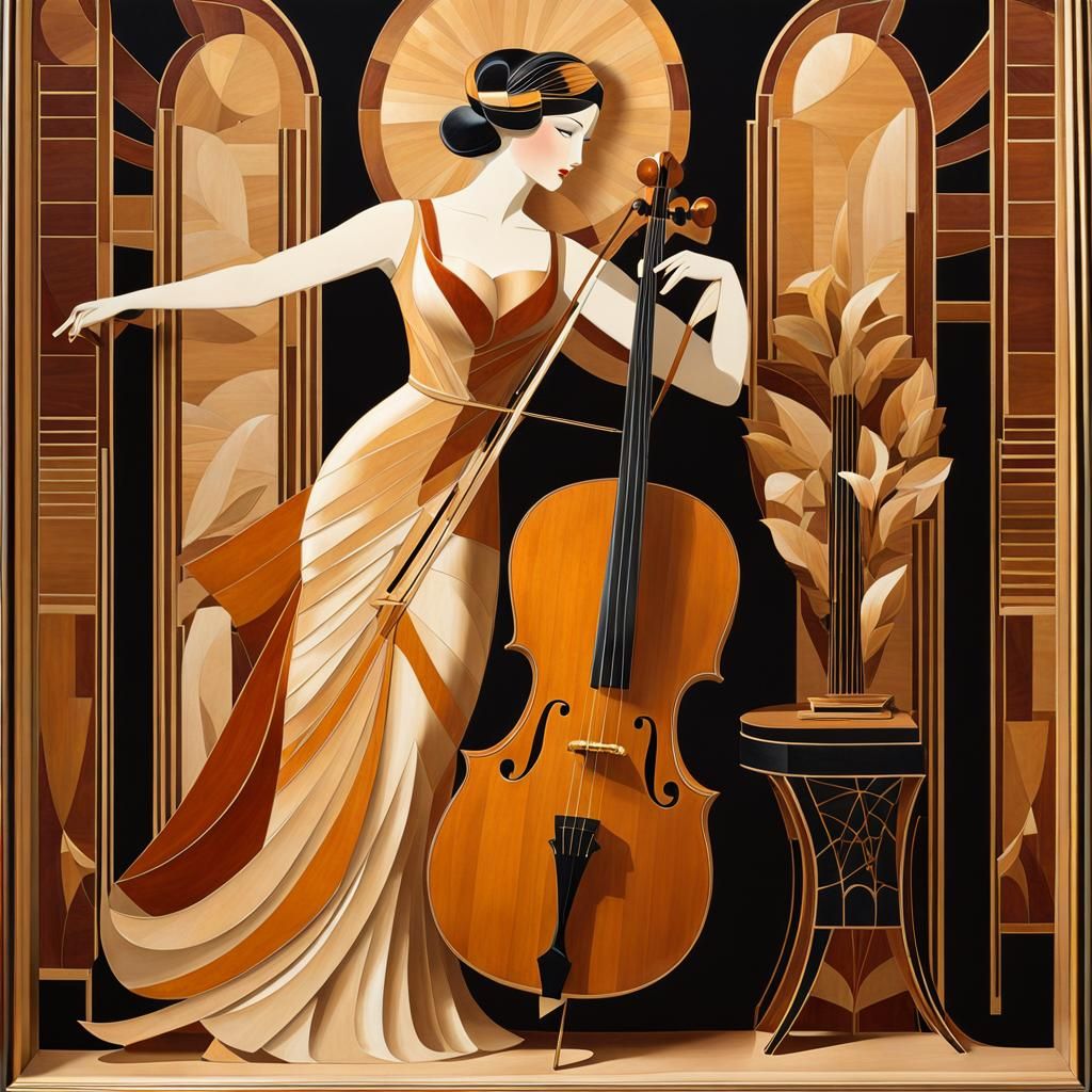 Marquetry Art of a Cellist in Art Deco Salon