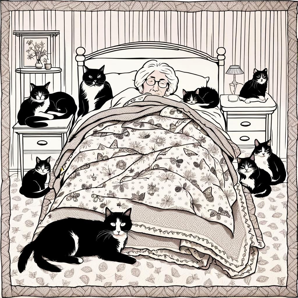 Grandma Napping with Cats on Quilt